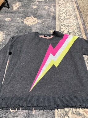 fab'rik Charcoal Crewneck Sweater with Pink, Silver & Lime Lightning Bolt